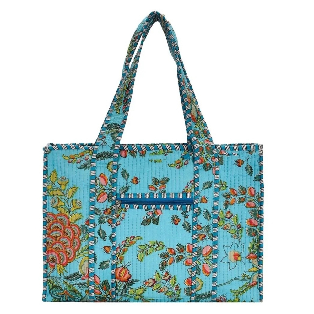 Turquoise Floral Quilted Tote Bag